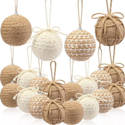 Leyndo 16 Pcs 3.15 Inch Burlap Christmas Ball Ornaments Rustic Farmhouse Christmas Tree Ornaments Neutral Jute Rope Hanging Balls Decorations Boho for Xmas Party Holiday Decor(Rustic Style)