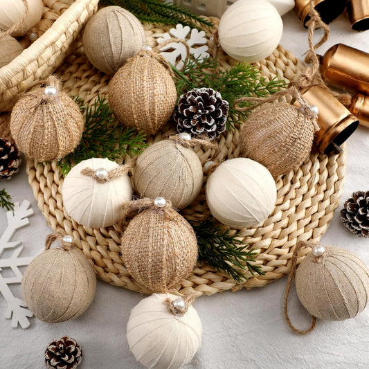 Syhood 12 Pcs Burlap Christmas Ornaments 2.36 Inch Farmhouse Rustic Balls