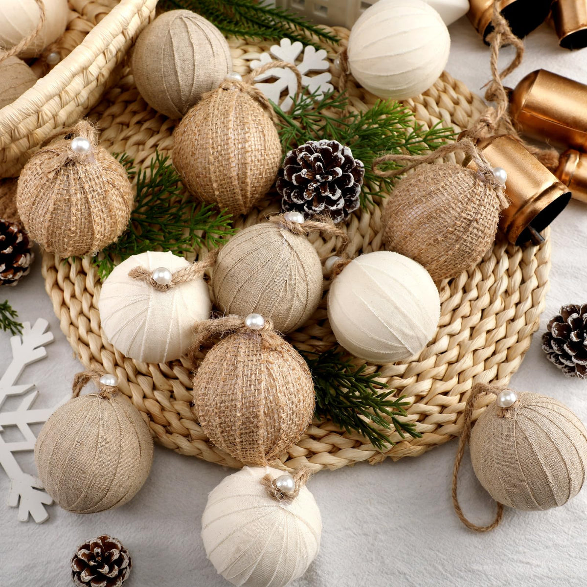 Syhood 12 Pcs Burlap Christmas Ornaments 2.36 Inch Farmhouse Rustic Balls