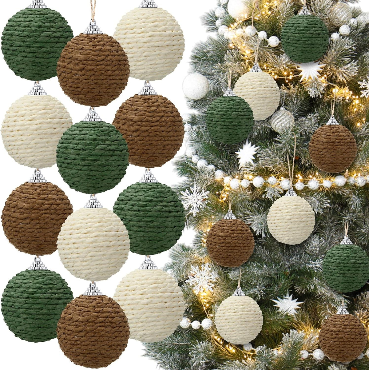 Soulchen 12 Pcs 2.36in Christmas Ball Decor, Beige,Green, Brown