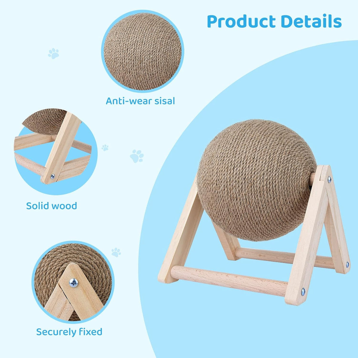 BATTIPAW Cat Scratcher Spinning Ball, Sisal & Wood