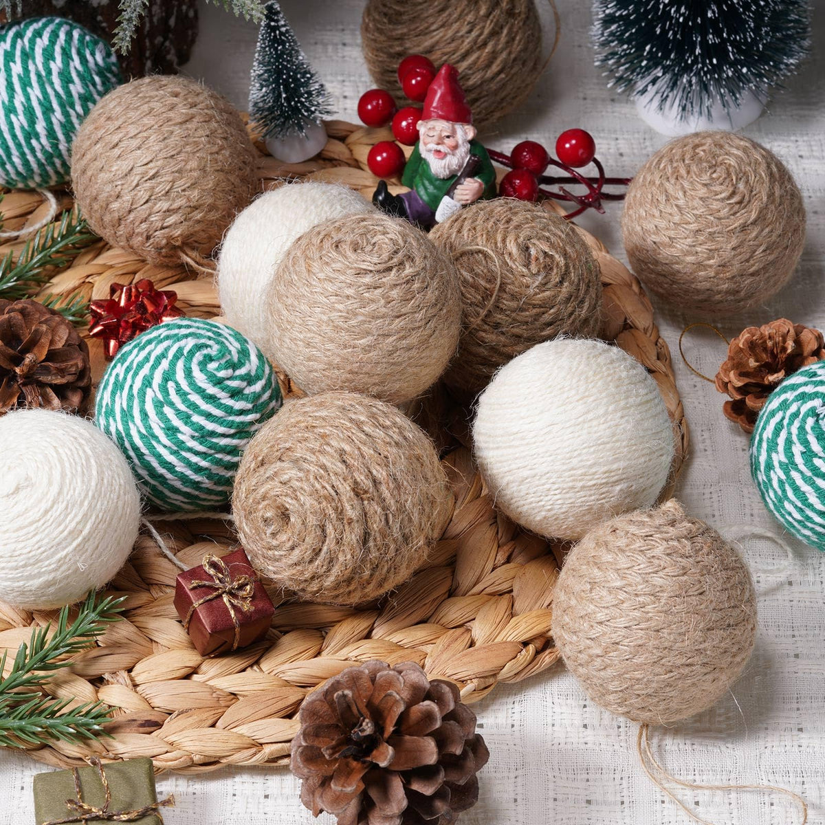 Soulchen 24 Pcs Christmas Ball Ornaments Jute Rope, White,Linen