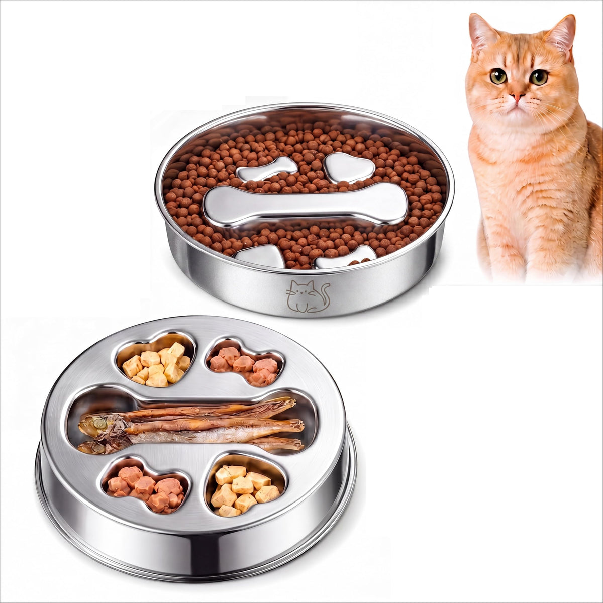 Stainless Steel 2‑in‑1 Double‑Sided Slow Feeder Cat Bowl