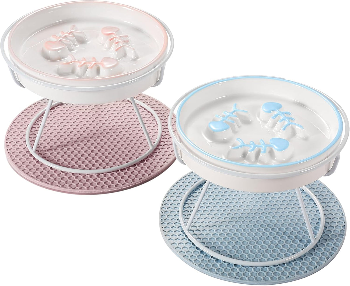 Ceramic Elevated Cat Bowls Set, Anti Vomit, Removable Dishes, Pink & Blue