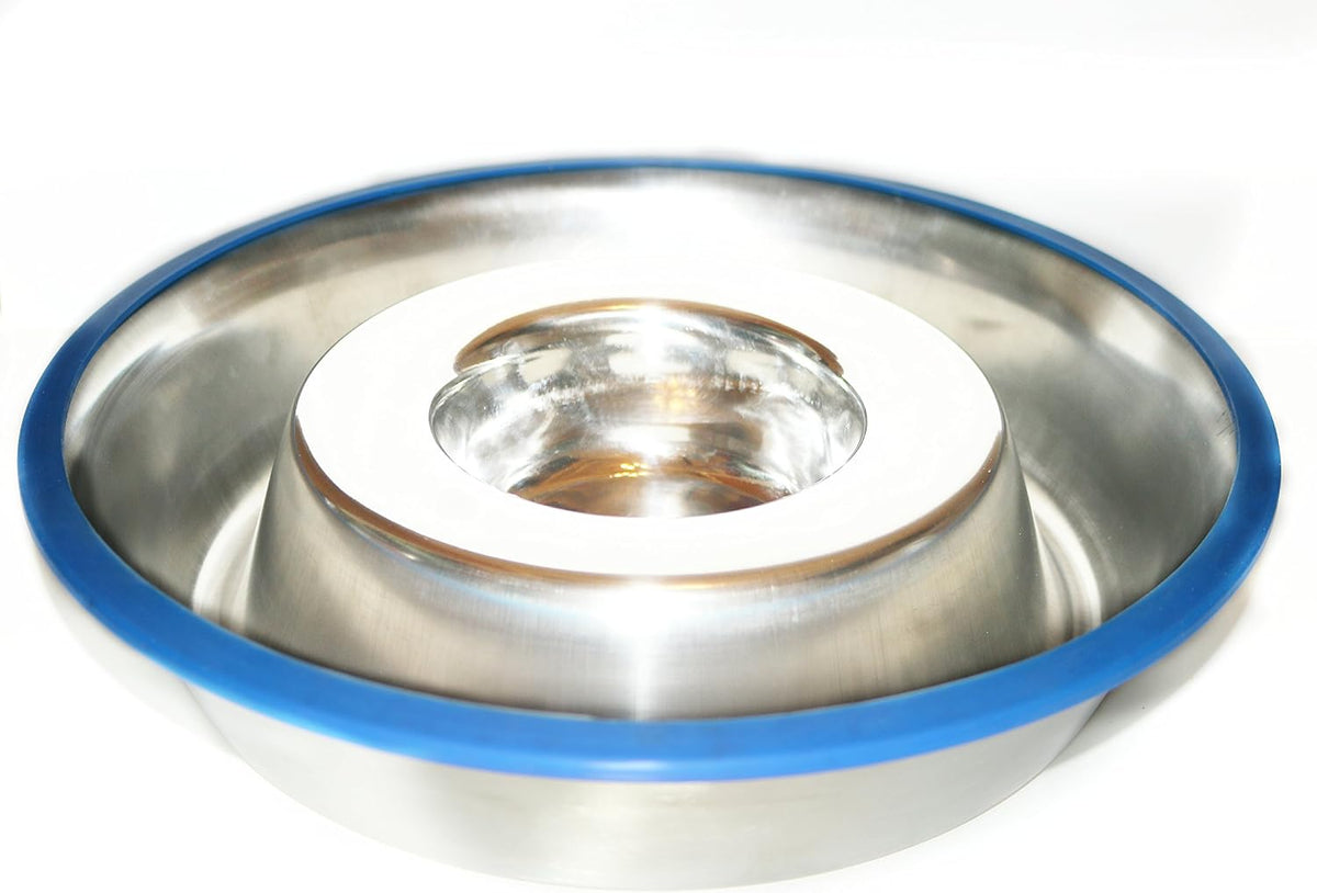 Mr. Peanut's Stainless Steel Interactive Slow Feed Dog Bowl with a Blue Base, Fun Healthy Bloat Stop Feeder (Large)