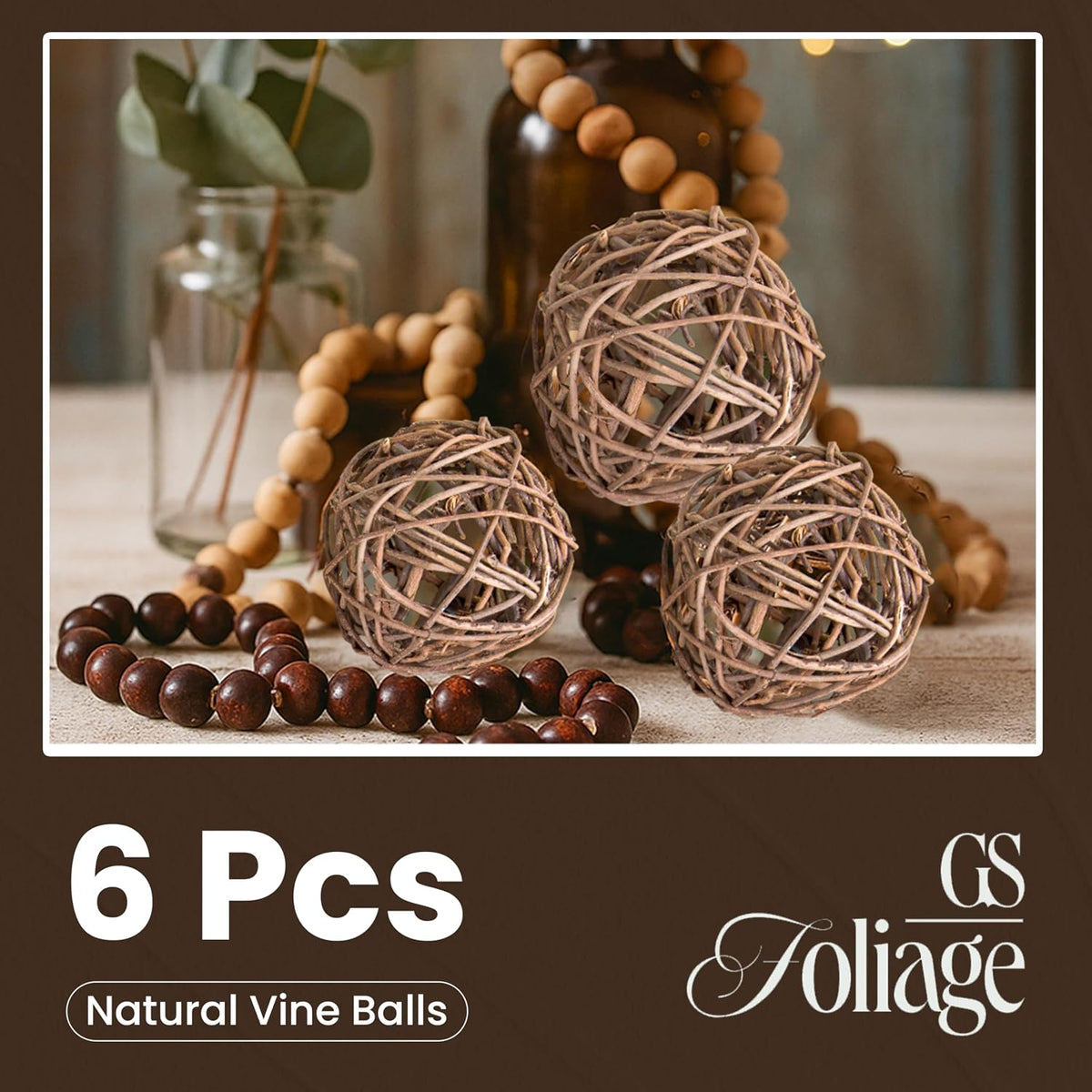 6Natural Vine Balls, 4 inch Dried Wicker Rattan Balls, Pack of 6 Decorative Sphere Orbs for Party Wedding, and Home Décor Vase Fillers for Centerpieces