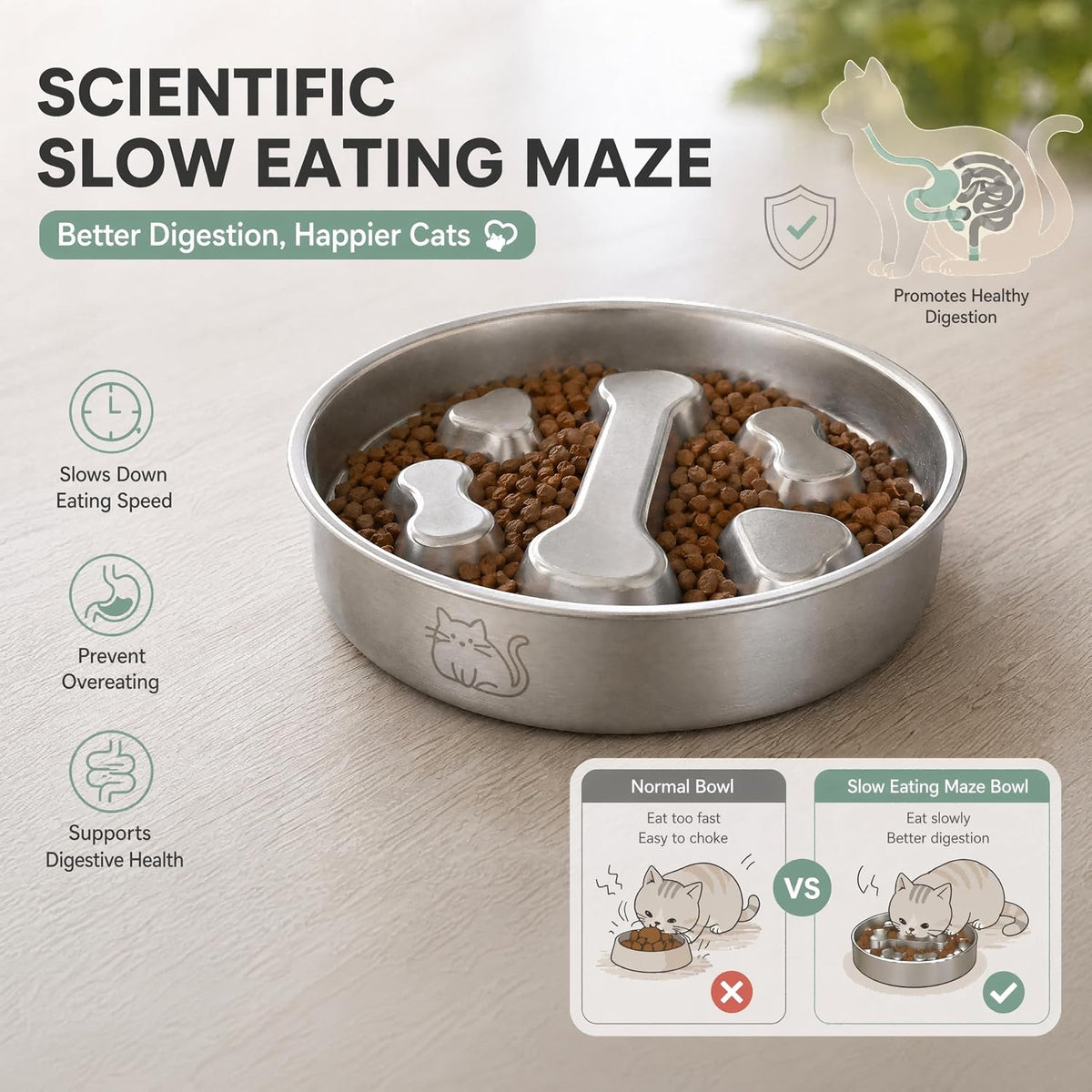 Stainless Steel 2‑in‑1 Double‑Sided Slow Feeder Cat Bowl