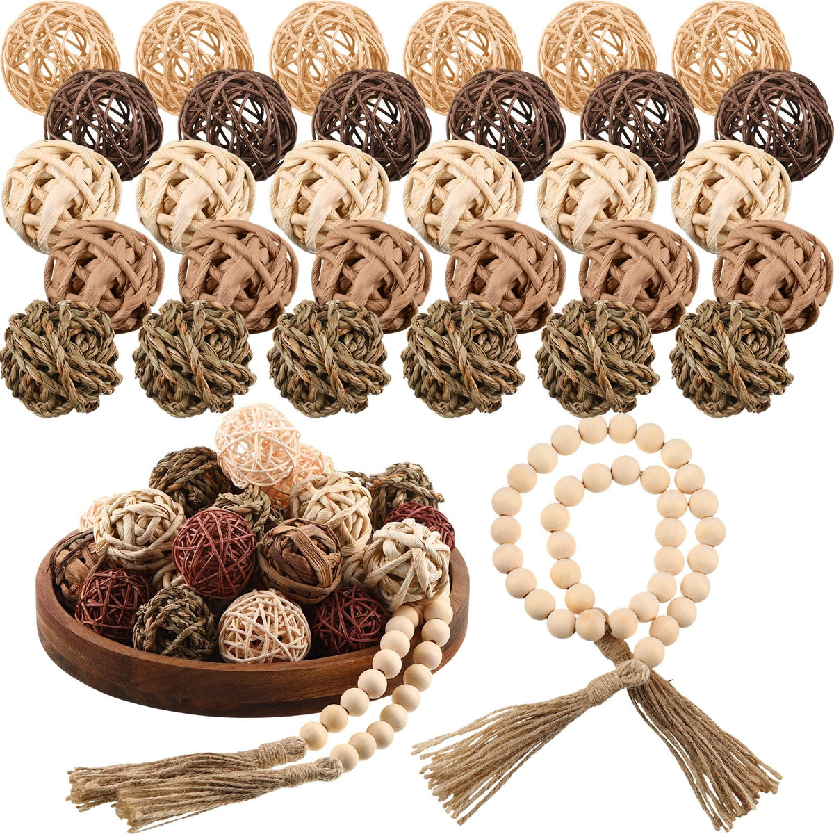 Halloscume 31 Pcs Wicker Rattan Decorative Balls, Brown
