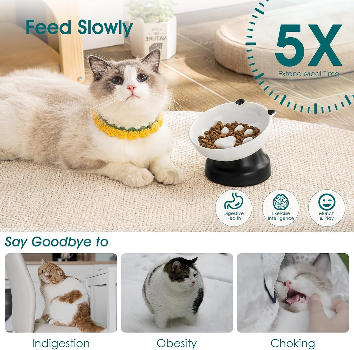 vancasso Slow Feeder Cat Bowls, Ceramic Elevated Slow Feeder Cat Bowls, Raised Food Bowl for Wet Food (Black)