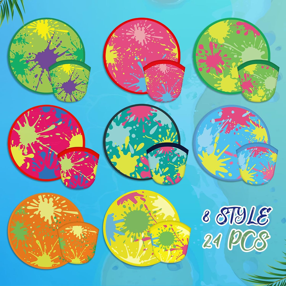Gejoy 24 Pcs Splash Pattern Flying Disc Folding Hand Fan 8 Styles