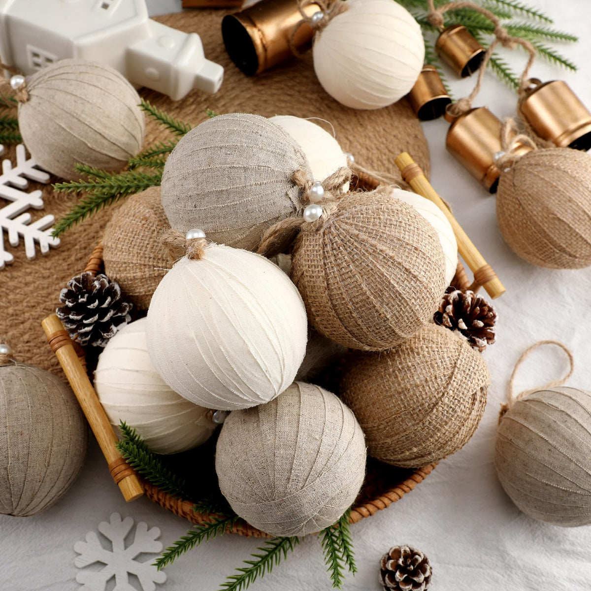Syhood 12 Pcs Burlap Christmas Ornaments 2.36 Inch Farmhouse Rustic Balls