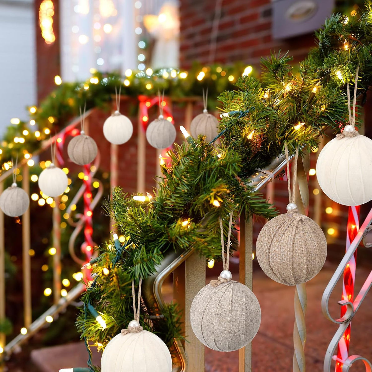 Syhood 12 Pcs Burlap Christmas Ornaments 2.36 Inch Farmhouse Rustic Balls