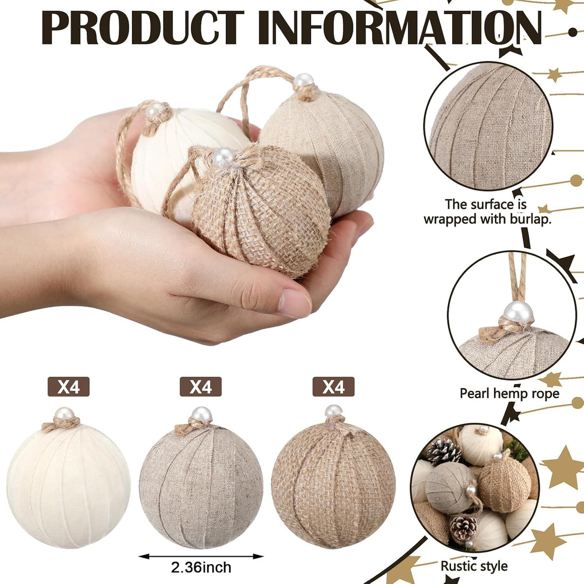 Syhood 12 Pcs Burlap Christmas Ornaments 2.36 Inch Farmhouse Rustic Balls