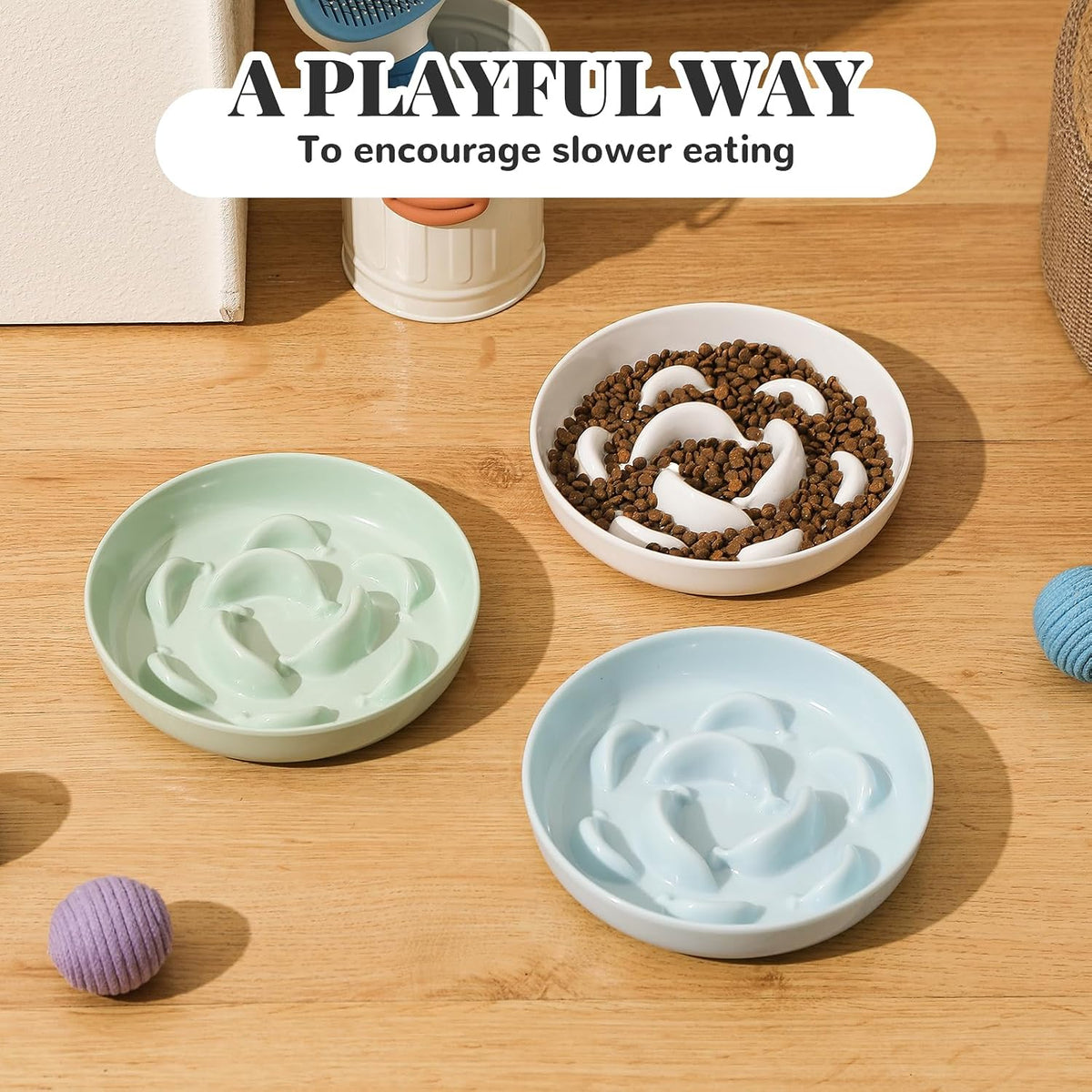 Melamine Cat Slow Feeder Bowl - Pastel Series Cat Plate for Dry and Wet Food - Cute Maze Feeder Dish for Healthy Eating - Dishwasher Safe - 6.3''W x 1.2''H - 7 OZ - Ivory White