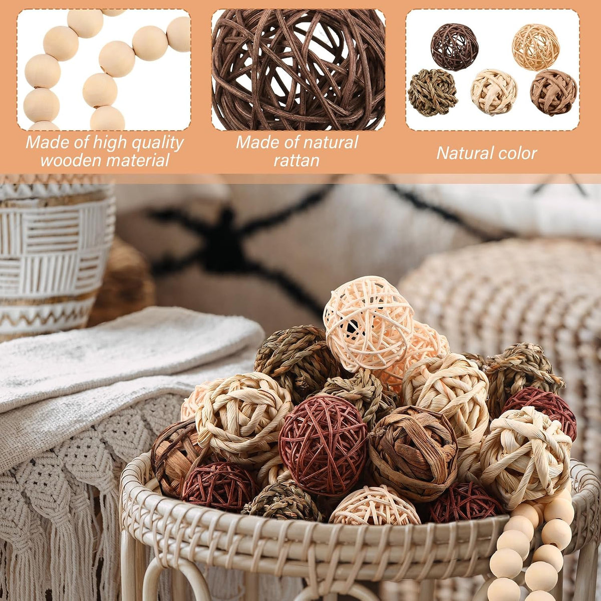 Halloscume 31 Pcs Wicker Rattan Decorative Balls, Brown