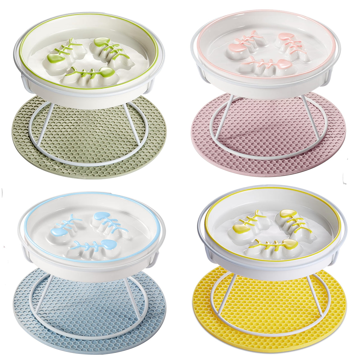 Ceramic Elevated Cat Bowls Set, Anti Vomit, Removable Dishes, Pink & Blue