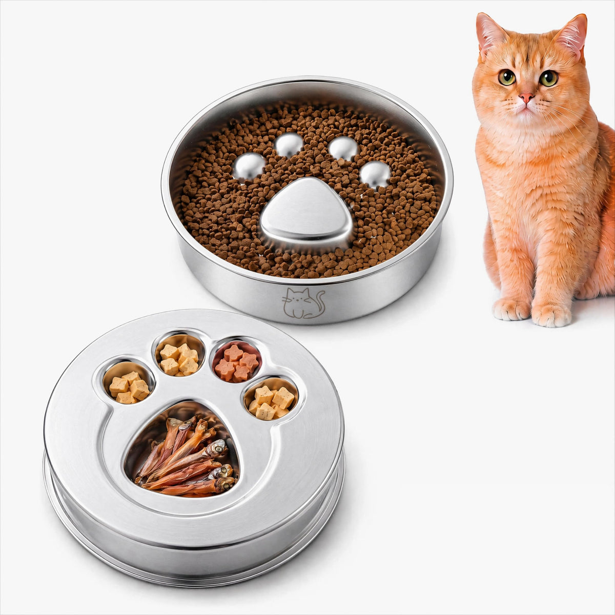 Stainless Steel 2‑in‑1 Double‑Sided Slow Feeder Cat Bowl