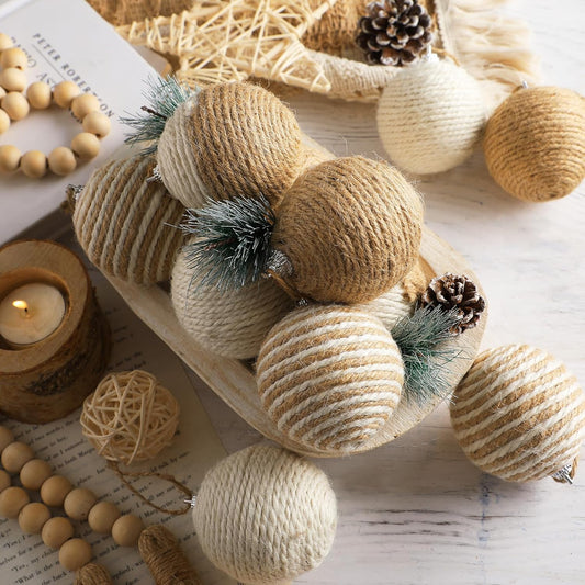 12 Pcs Neutral Burlap Christmas Ball Ornament 2.4 Inch Farmhouse Boho Jute Rope Woven Xmas Baubles Rustic Modern Natural Christmas Decorations for Home Tree Wreath Holiday Rattan Decor