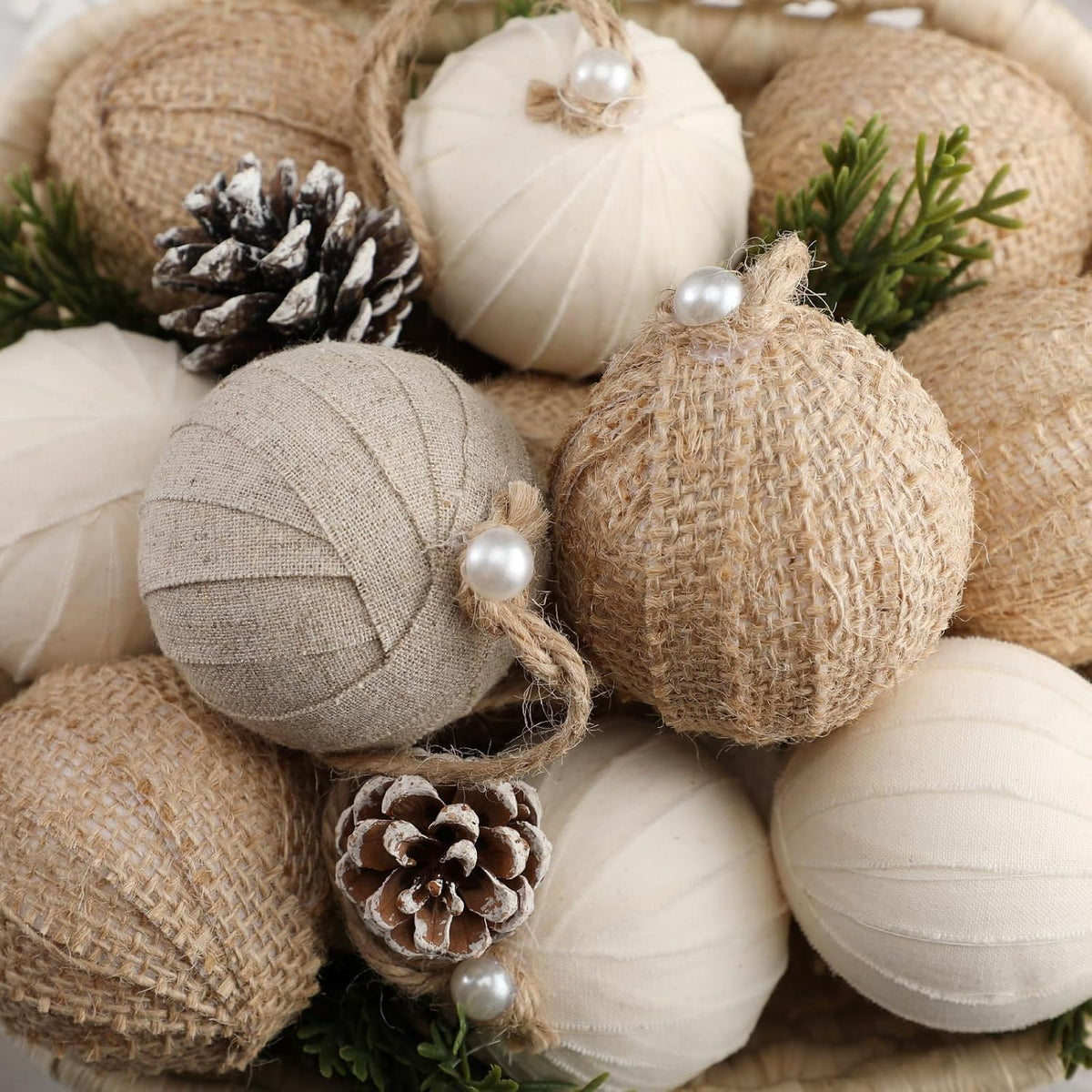 Syhood 12 Pcs Burlap Christmas Ornaments 2.36 Inch Farmhouse Rustic Balls