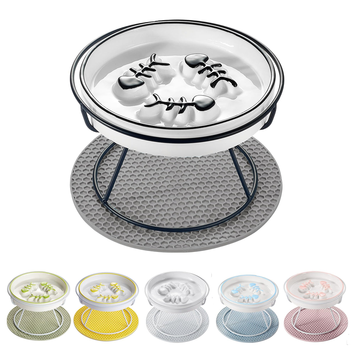 Ceramic Elevated Cat Bowls Set, Anti Vomit, Removable Dishes, Black 2-Pack