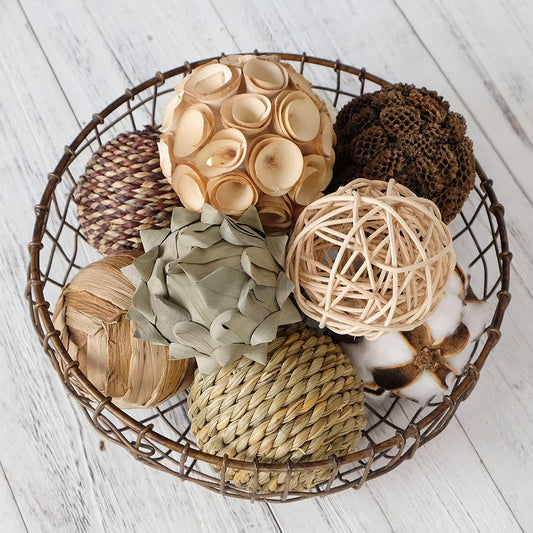 Decorative Balls Spherical Assorted 9pcs Brown White Orbs Rustic Natural Twig Rattan Woven Cotton Balls for Vase Bowl Filler Tabletop Decor Home Party Wedding Display