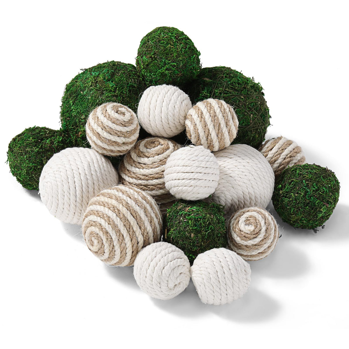 Jetec 18 Pcs Decorative Balls for Centerpiece Bowls Green Moss Balls and Rope Cord Bowl Fillers for Home Vase Garden Wedding Farmhouse Rustic Party Table Decor(Simple Style)