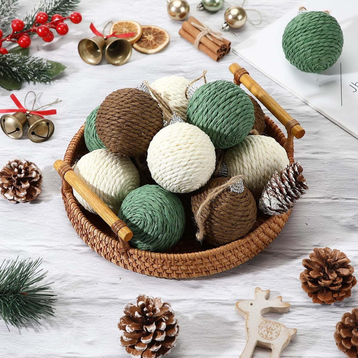 Soulchen 12 Pcs 2.36in Christmas Ball Decor, Beige,Green, Brown