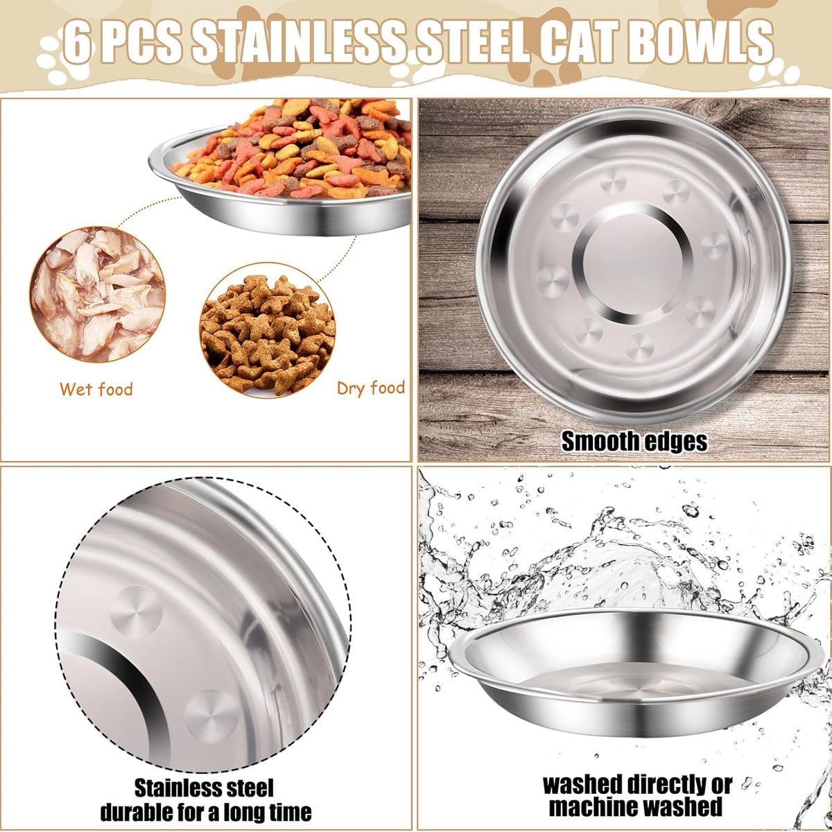 6 Pcs Stainless Steel Cat Bowls Shallow Wide Food Bowls for Cats Replacement Whisker Fatigue Relief for Small Dogs and Cats Indoors (Silver)