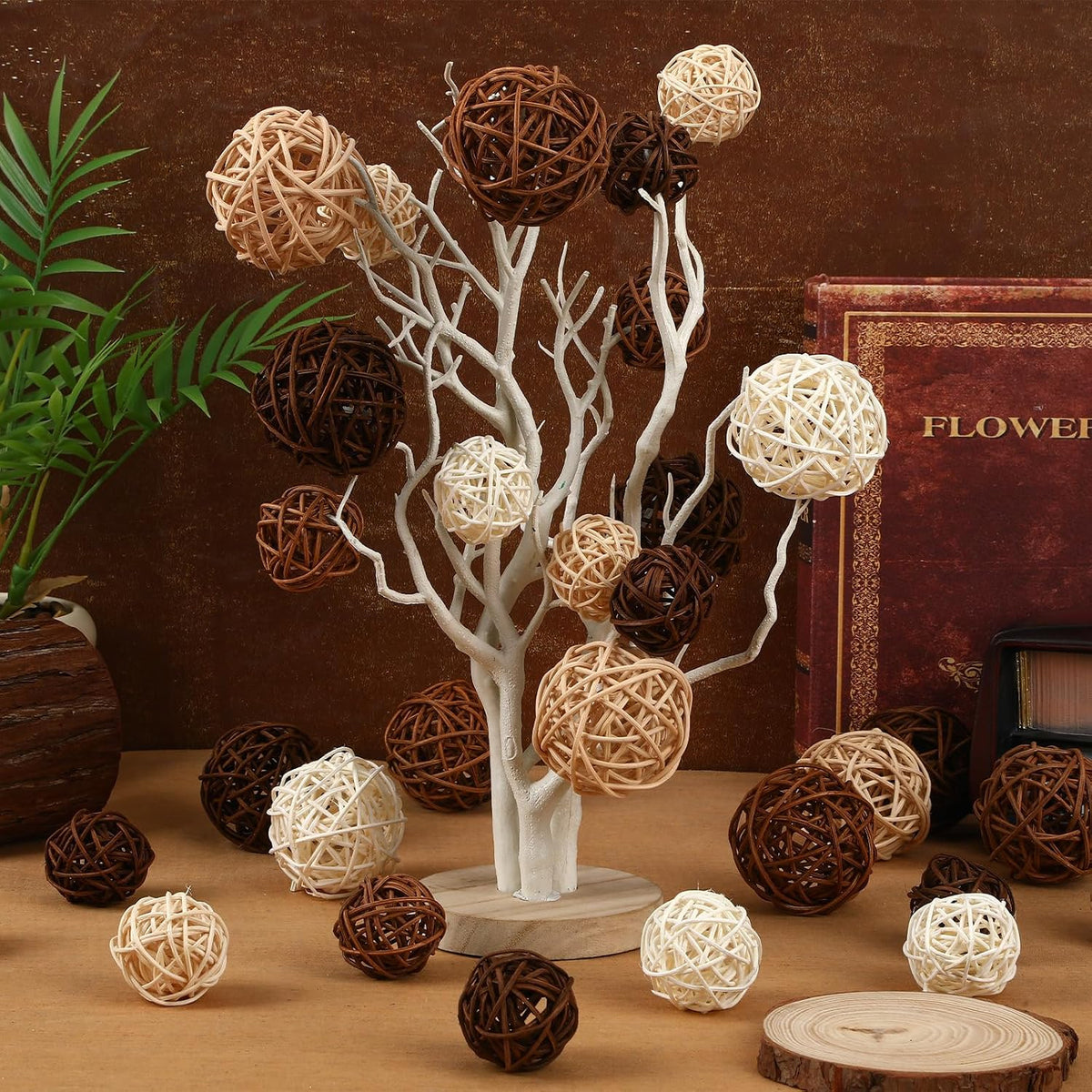 NOVWANG 40 Pcs Natural Wicker Rattan Balls, Table Centerpieces Vase Bowl Filler Hanging Decor DIY Craft House Ornament for Party Decoration