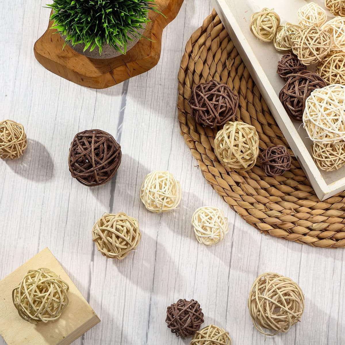 Patelai 72 Pcs Wicker Rattan Balls, Vase Bowl Fillers, Boho Neutral Set
