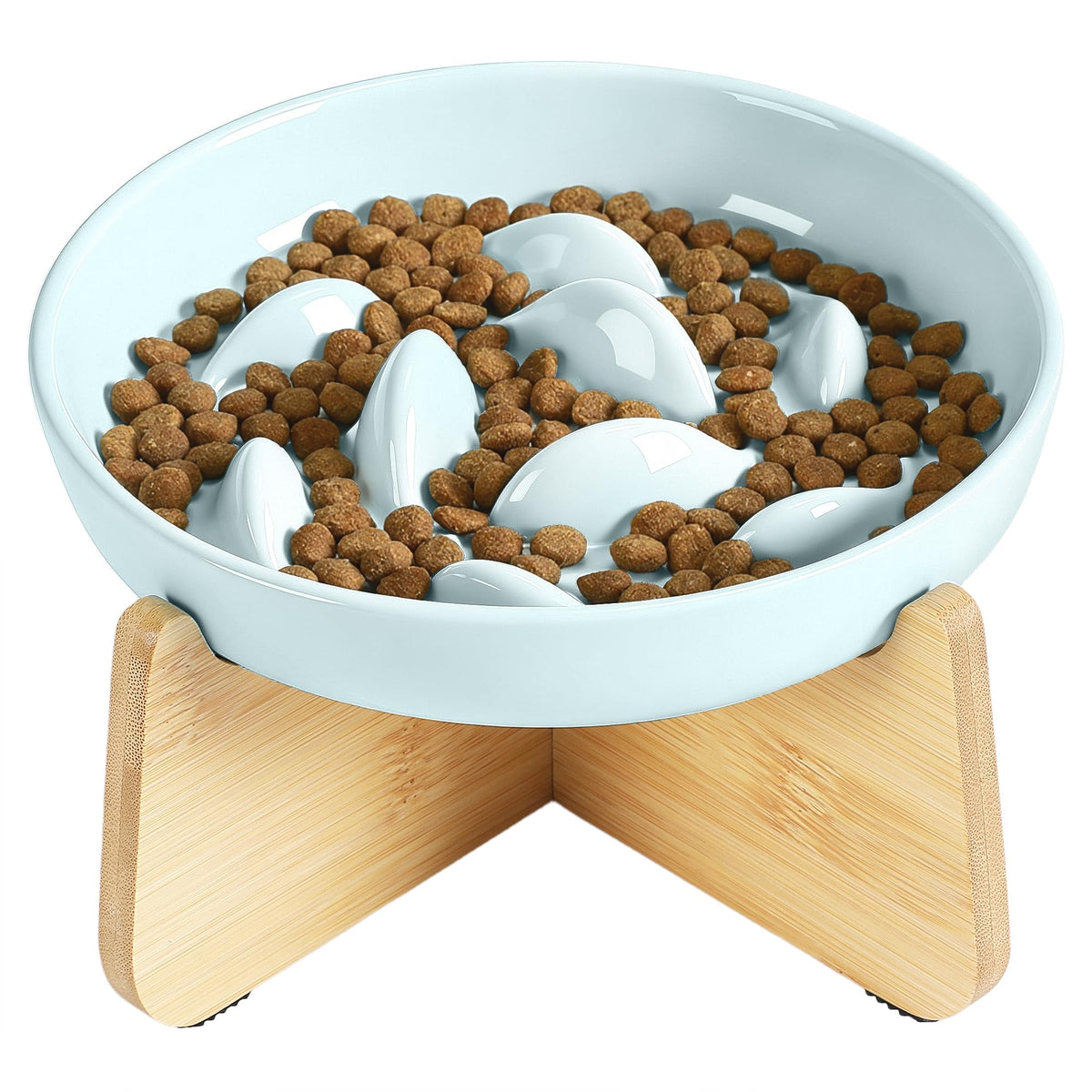 PETTOM Slow Feeder Cat Bowl Elevated Ceramic with Bamboo Stand, White Fish