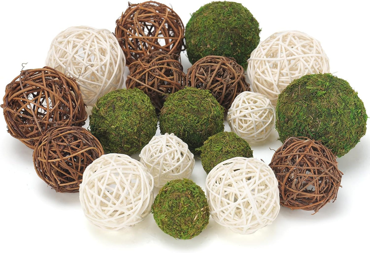 USMOLA 18Pcs Decorative Balls for Centerpiece Bowl - 6Pcs Fake Moss Balls + 12Pcs Rattan Wicker Balls, Artificial Moss Decorative Balls Vase Fillers for Home Garden Wedding Party Decor (Rustic)