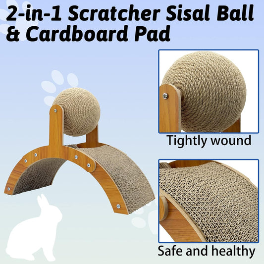 Fhiny Rabbit Scratch Toy, Natural Sisal Rabbit Scratching Ball with Cardboard Pad 2-in-1 Bunny Claw Scratcher Interactive Toys Nail Scratching Post for Indoor Pets Kittens Ferrets Small Animals
