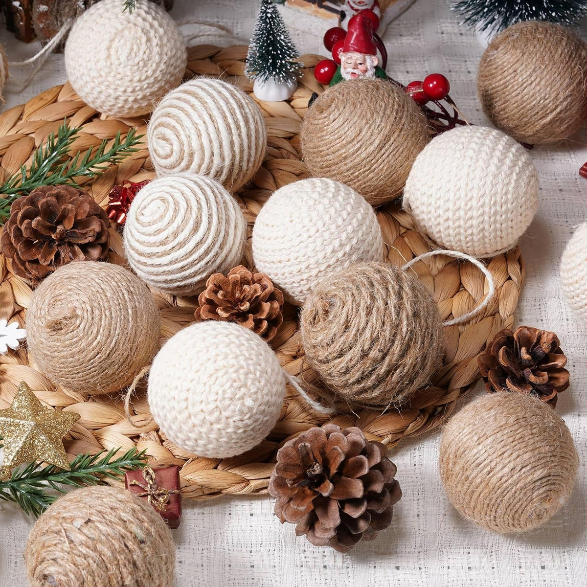 Soulchen 24 Pcs Christmas Ball Ornaments Jute Rope, White,Linen