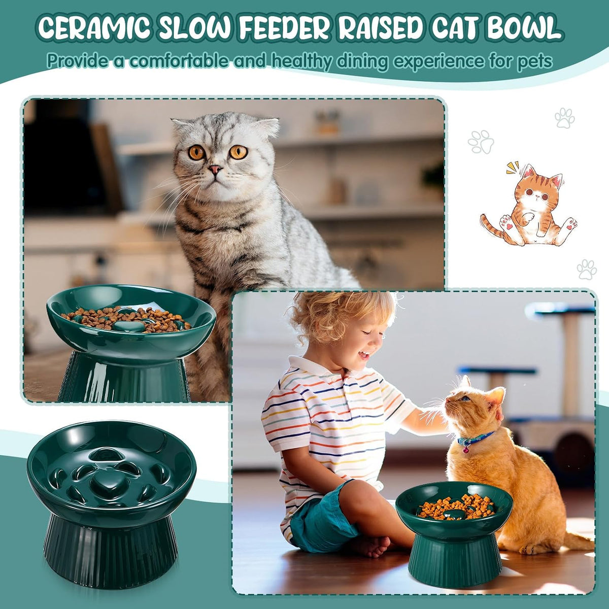 Tioncy 2 Pcs Ceramic Elevated Slow Feeder Cat Bowl, Dark Green