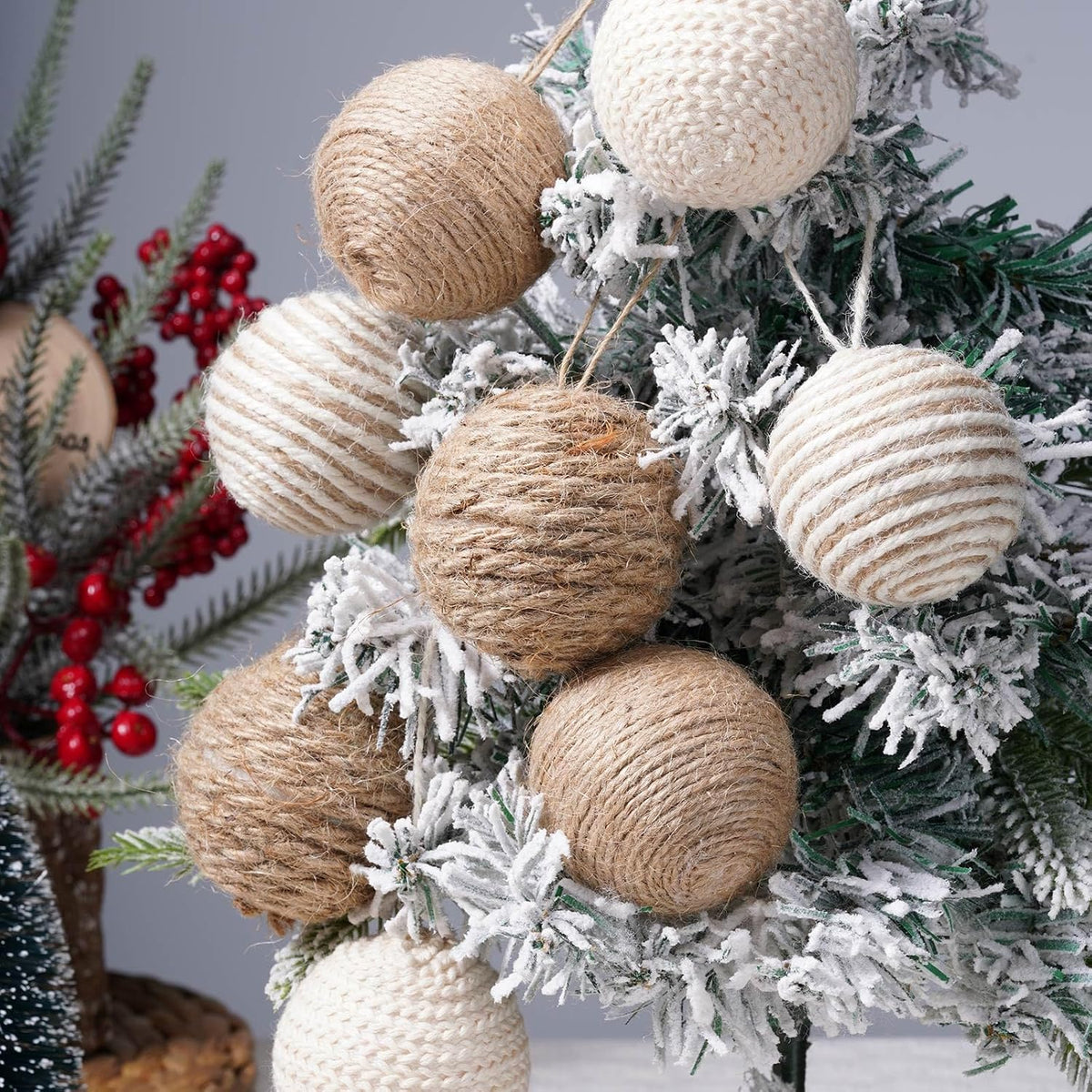 Soulchen 24 Pcs Christmas Ball Ornaments Jute Rope, White,Linen