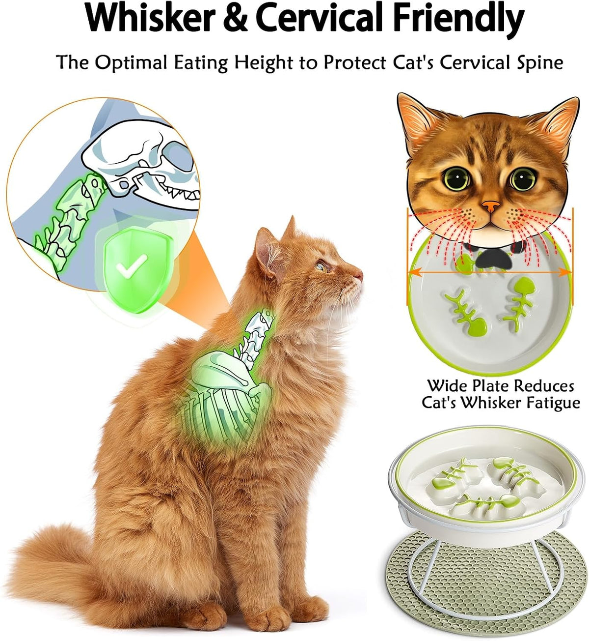 Ceramic Elevated Slow Feeder Cat Bowl, Anti Vomit, Removable Dish, Green
