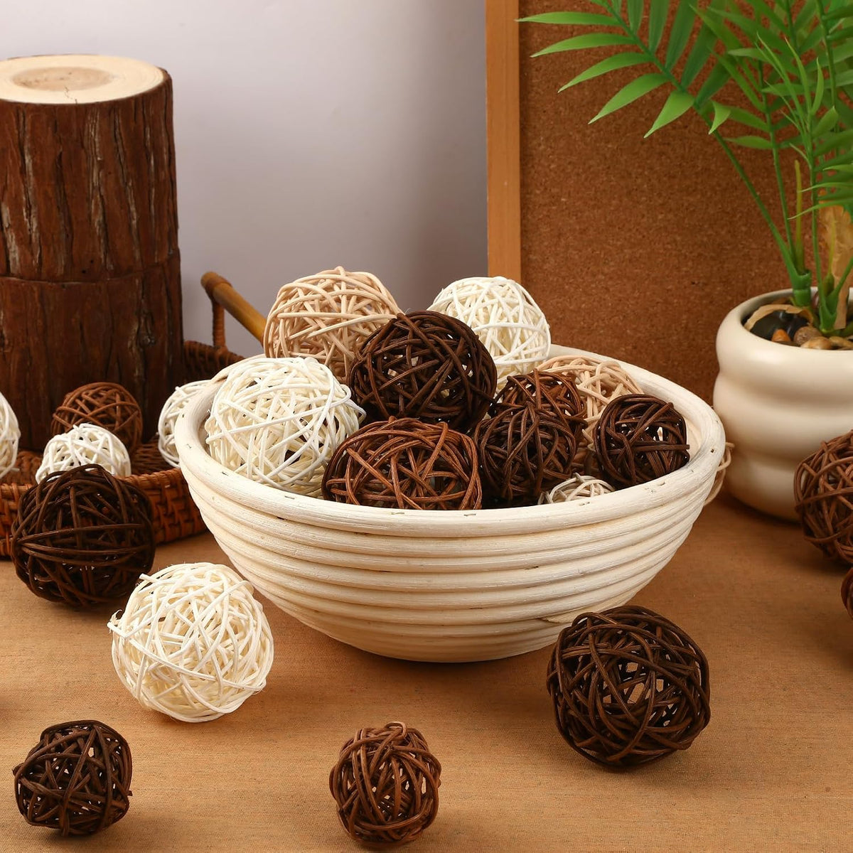 NOVWANG 40 Pcs Natural Wicker Rattan Balls, Table Centerpieces Vase Bowl Filler Hanging Decor DIY Craft House Ornament for Party Decoration
