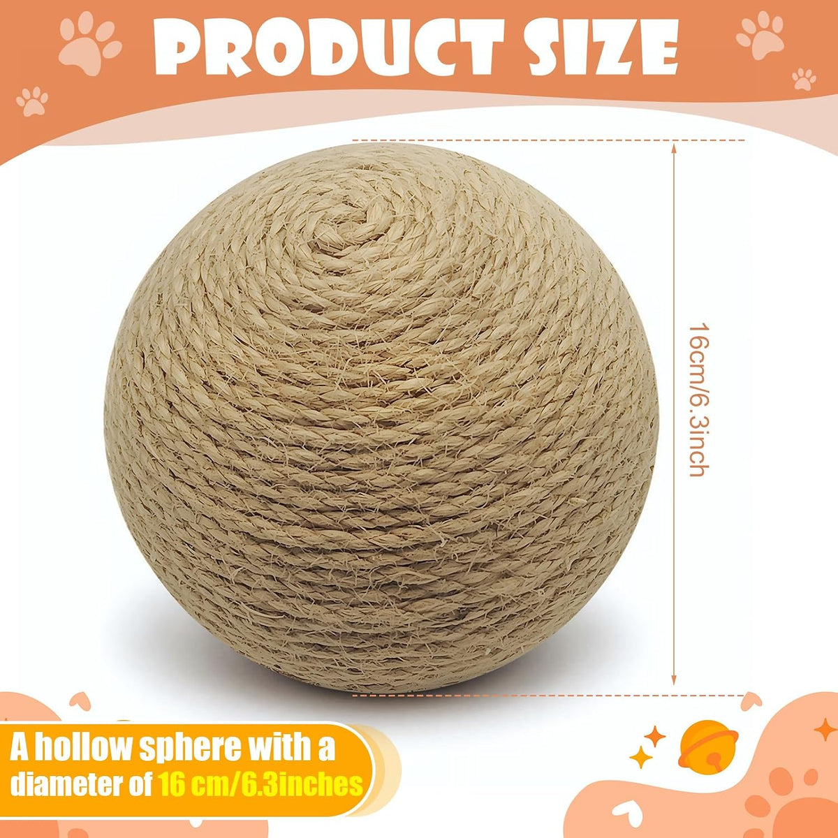 Sisal Cat Ball Toy, Large 6.3 inch Interactive Natural Cat Scratching Ball, Perfect Scratcher for Cats' Exercise and Fun