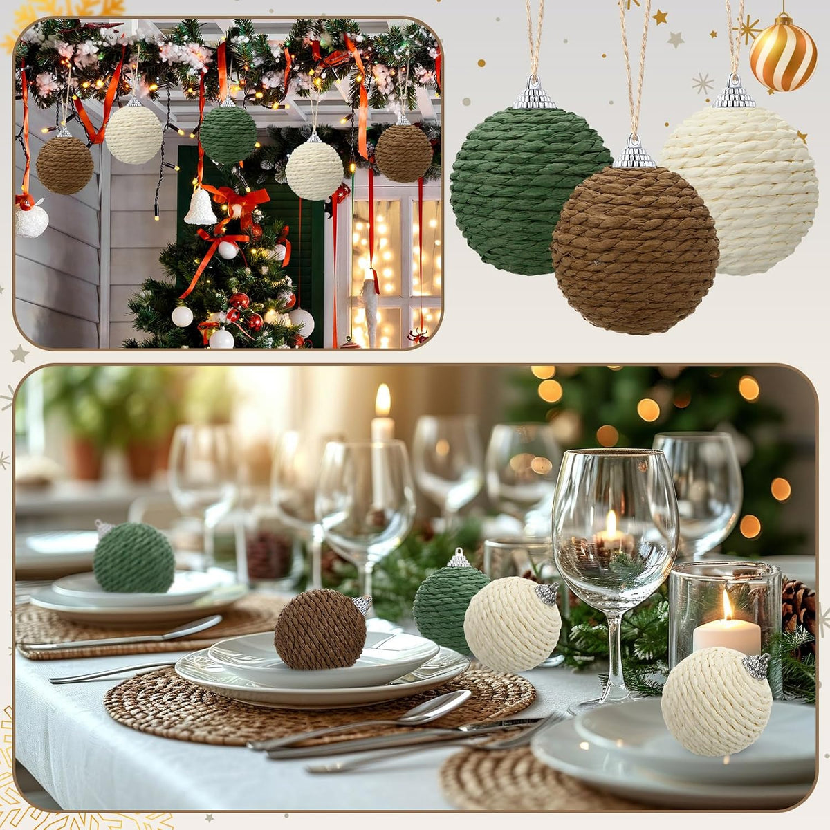 Soulchen 12 Pcs 2.36in Christmas Ball Decor, Beige,Green, Brown