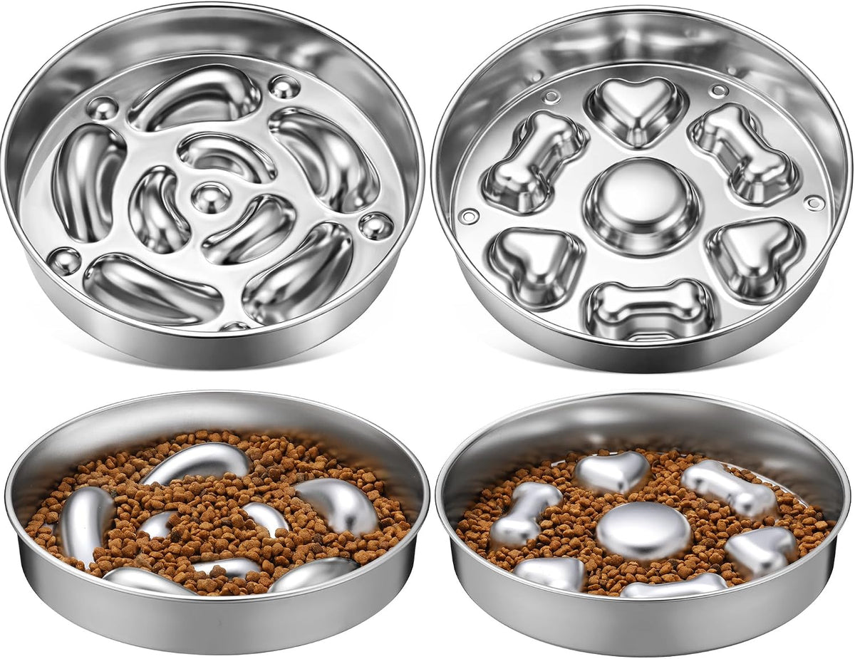 2 Pack Stainless Steel Slow Feeder Dog Bowls, 3 Cups Large