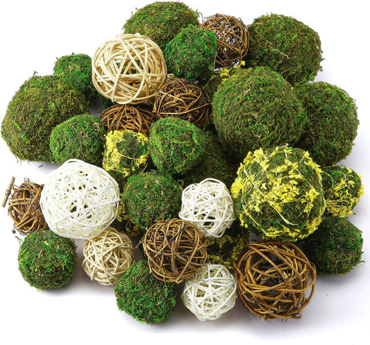 Yunsailing 36 Pcs Moss Decorative Balls for Centerpiece Bowls and Rattan Wicker Balls Handmade Orbs Spherical Assorted Vase Filler Tabletop Decor for Garden Wedding Party (Rustic, Retro Colors)