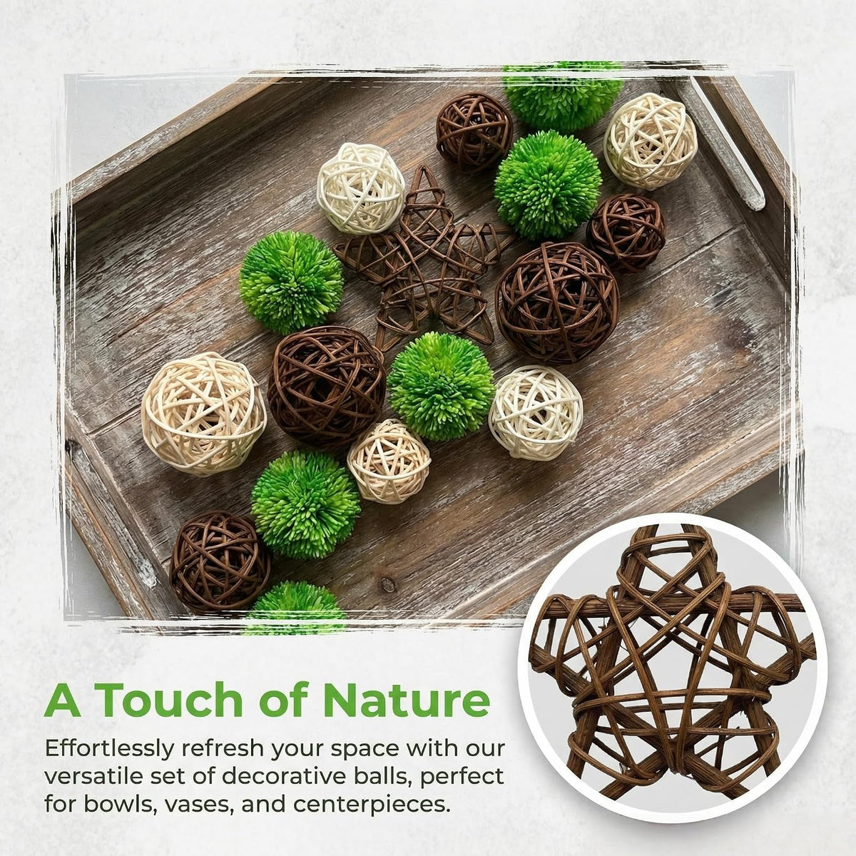 19 Pcs Moss Rattan Balls Set Decorative Balls for Vase Bowl Filler Rustic Farmhouse Home Decor No Shedding
