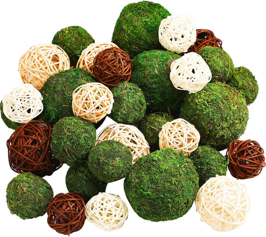 Yunsailing 36 Pcs Moss Decorative Balls for Centerpiece Bowls and Rattan Wicker Balls Handmade Orbs Spherical Assorted Vase Filler Tabletop Decor for Garden Wedding Party (Rustic, Classic Colors)