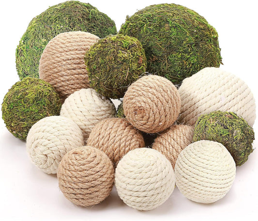 Jetec 18 Pcs Decorative Balls for Centerpiece Bowls Green Moss Balls and Rope Cord Bowl Fillers for Home Vase Garden Wedding Farmhouse Rustic Party Table Decor(Simple Style)